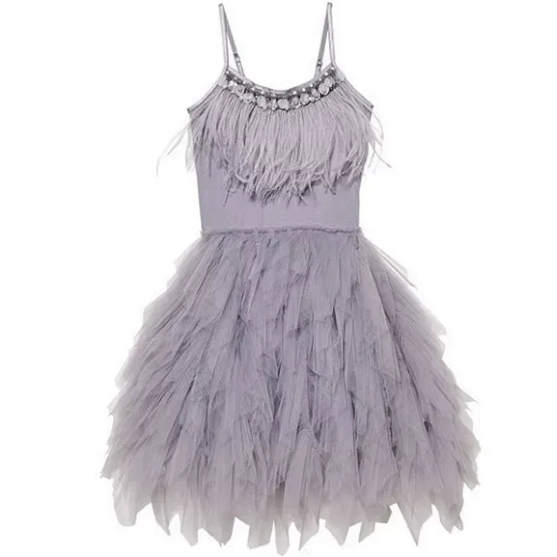 Elegant Feather Tassels Girls Dress - Tiny Glam