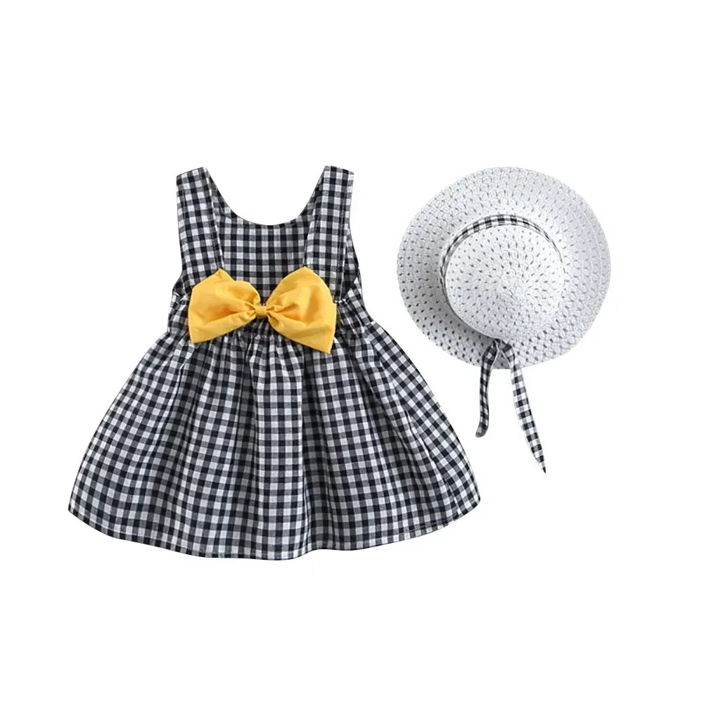 Bowknot Sundress with Straw Hat Set 18-24 Months Black - Plaid - Tiny Glam