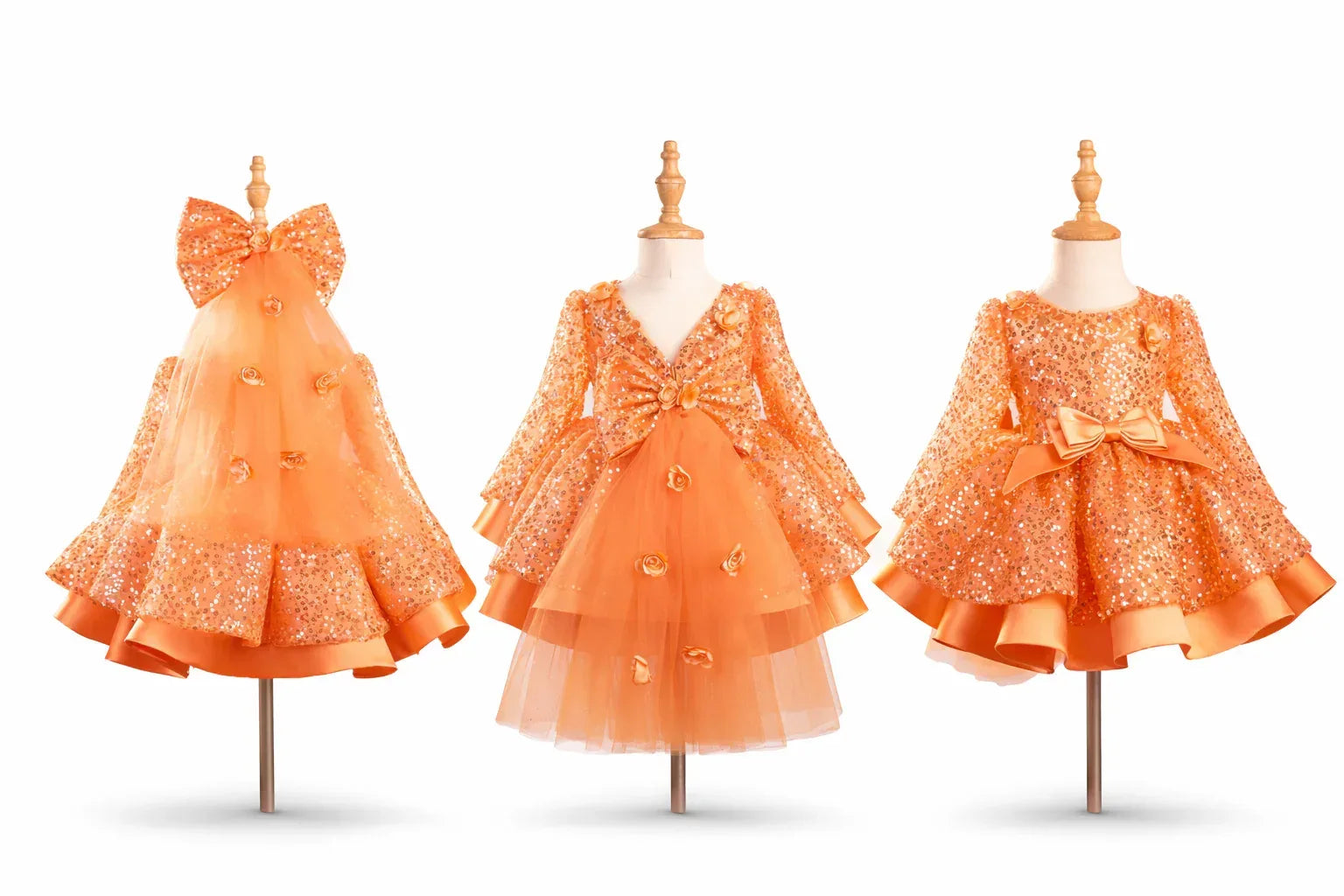 Orange Ball Gown Princess dress for parties with knee length and long sleeves - Tiny Glam