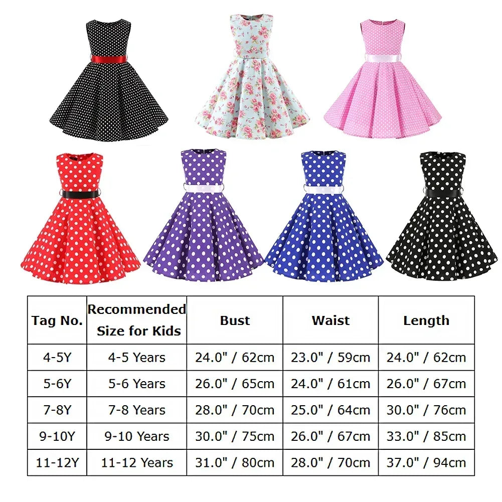 Kids Girls 50S Vintage Polka Dot Casual Dress Swing Rockabilly - Tiny Glam