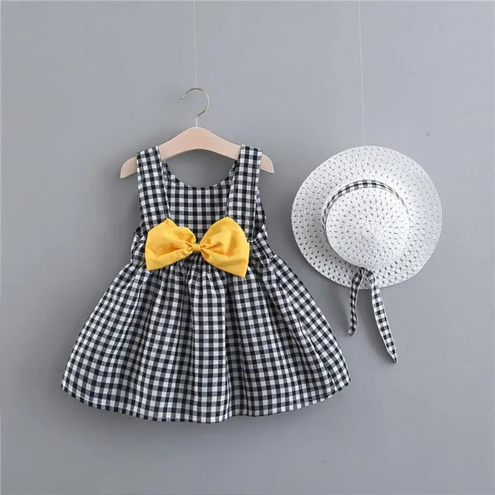 Bowknot Sundress with Straw Hat Set 18-24 Months Black - Plaid - Tiny Glam