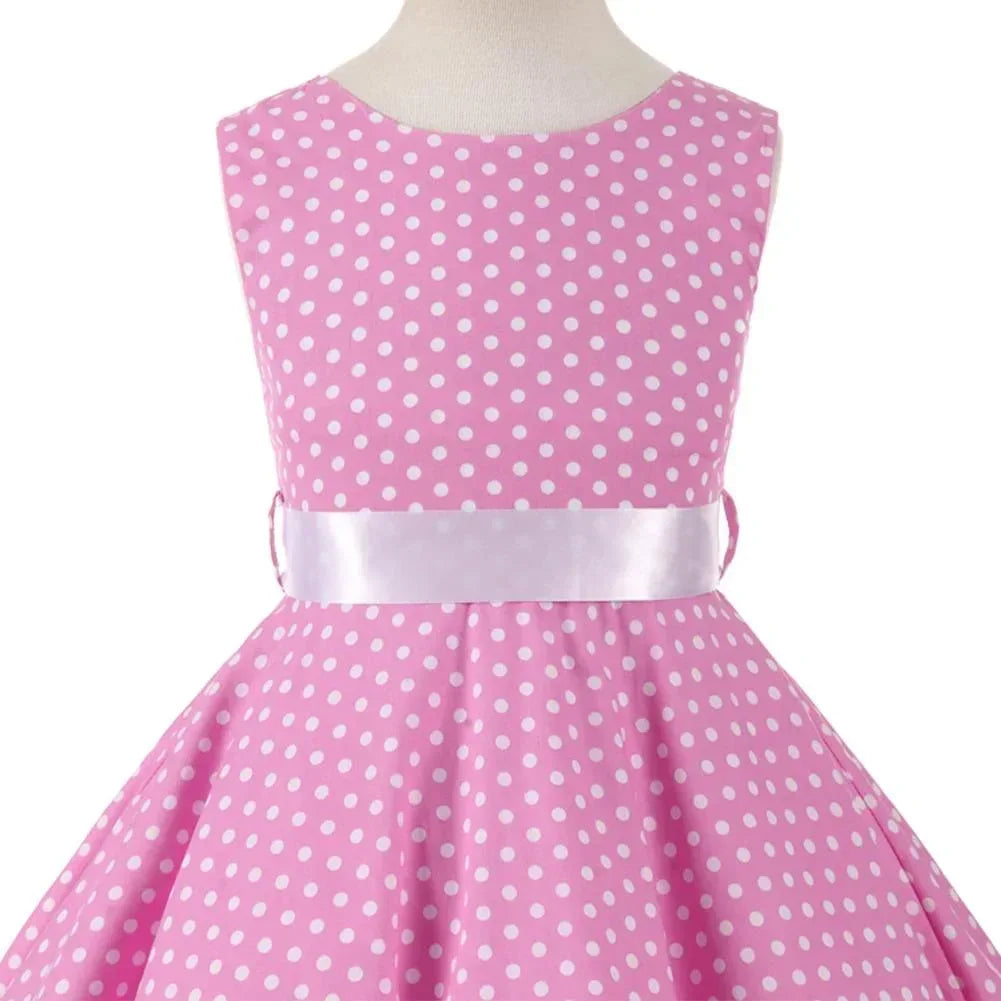 Kids Girls 50S Vintage Polka Dot Casual Dress Swing Rockabilly - Tiny Glam