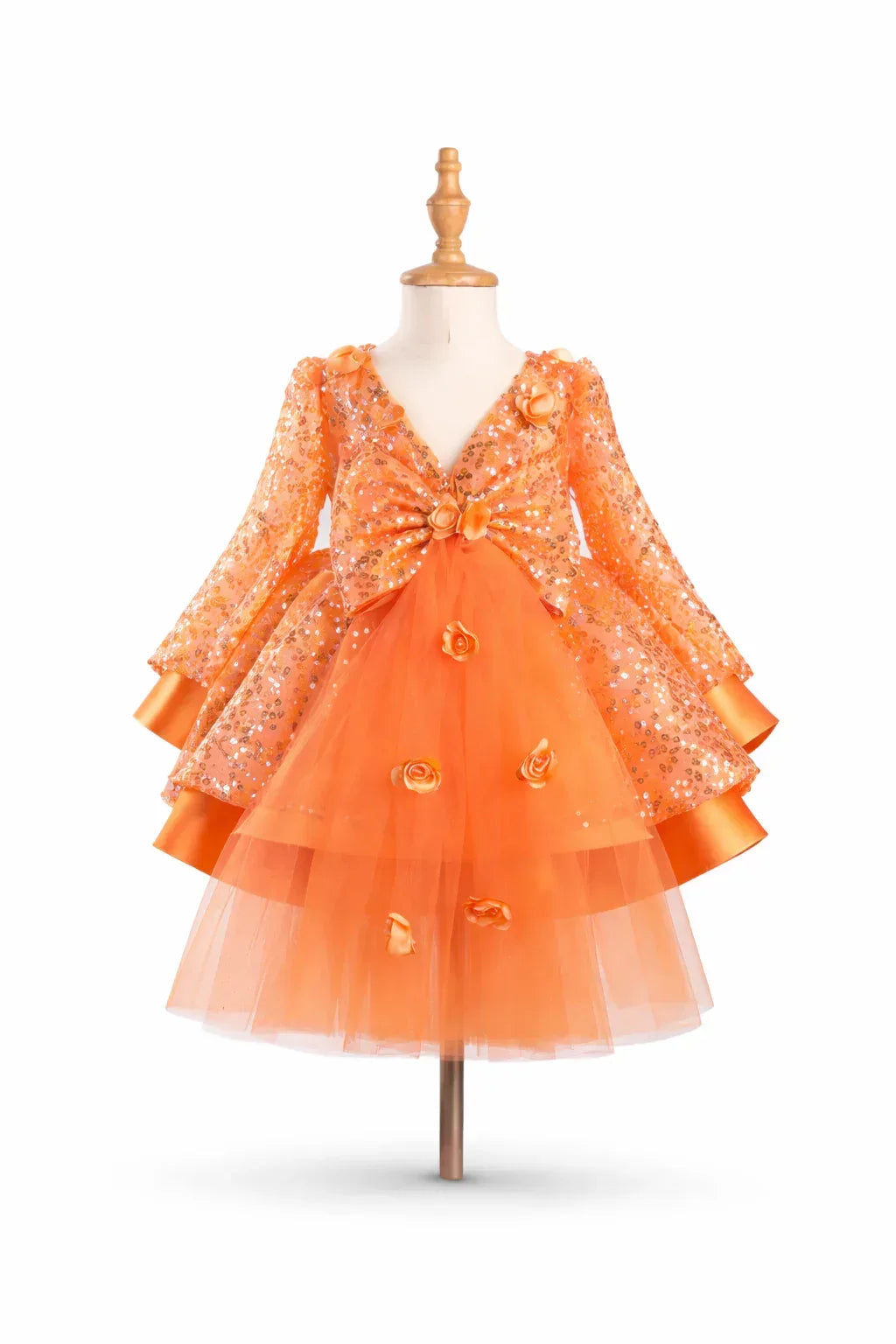 Orange Ball Gown Princess dress for parties with knee length and long sleeves - Tiny Glam
