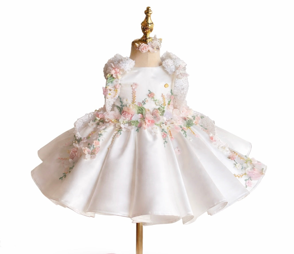Baby Girl White Floral Party Dress | Toddler Princess Occasion Dress - Tiny Glam