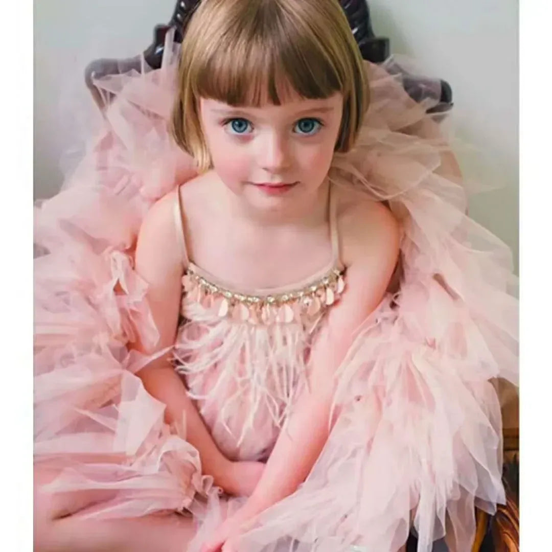 Elegant Feather Tassels Girls Dress - Tiny Glam