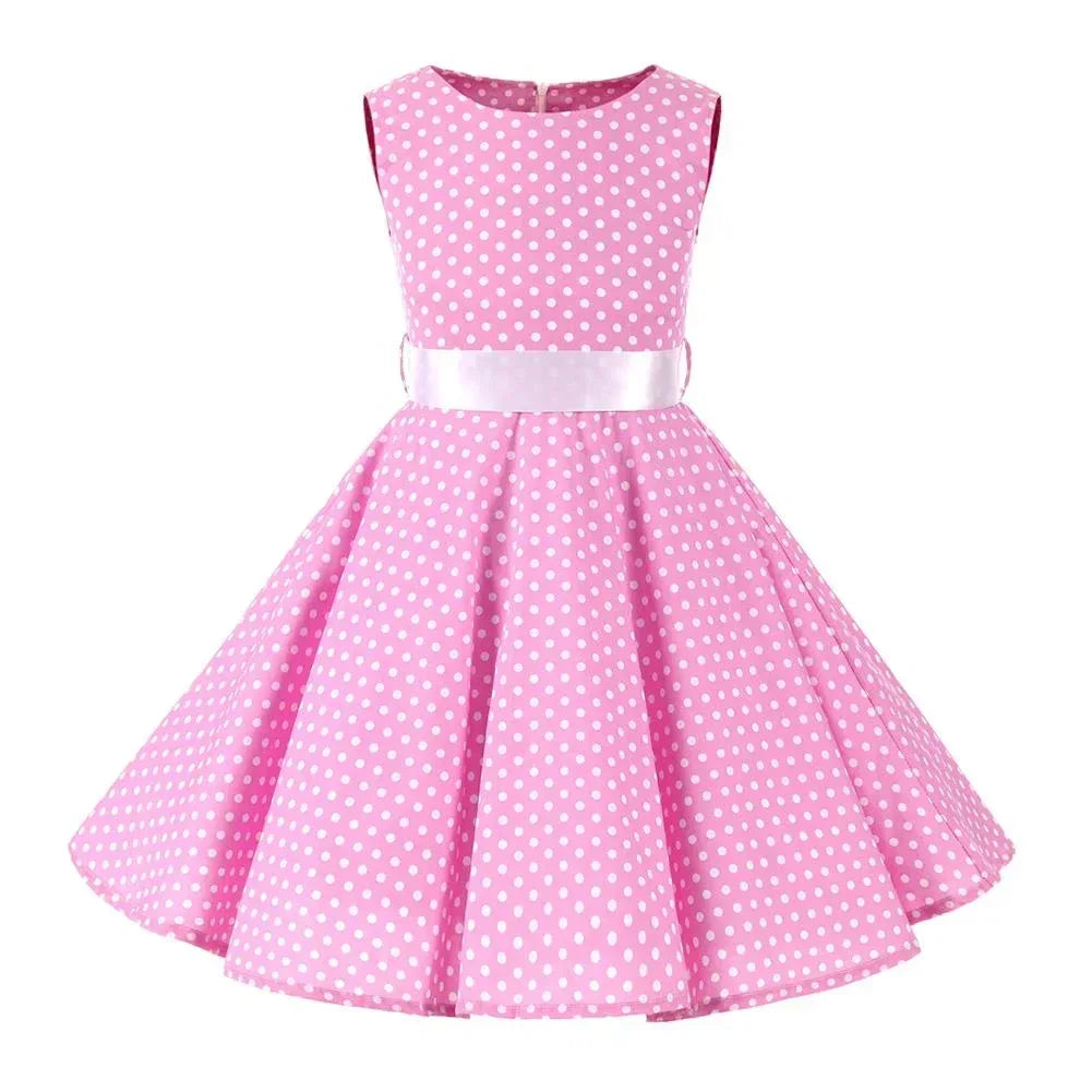 Kids Girls 50S Vintage Polka Dot Casual Dress Swing Rockabilly - Tiny Glam