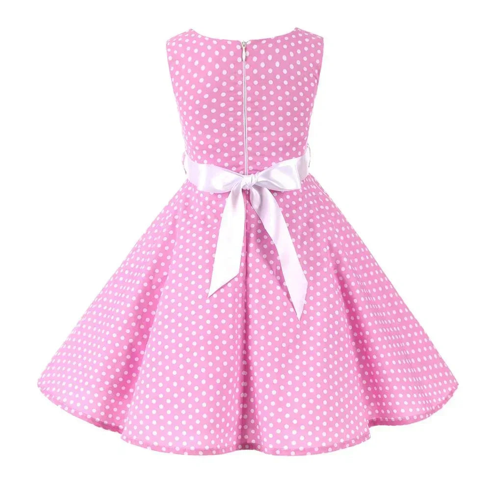Kids Girls 50S Vintage Polka Dot Casual Dress Swing Rockabilly - Tiny Glam