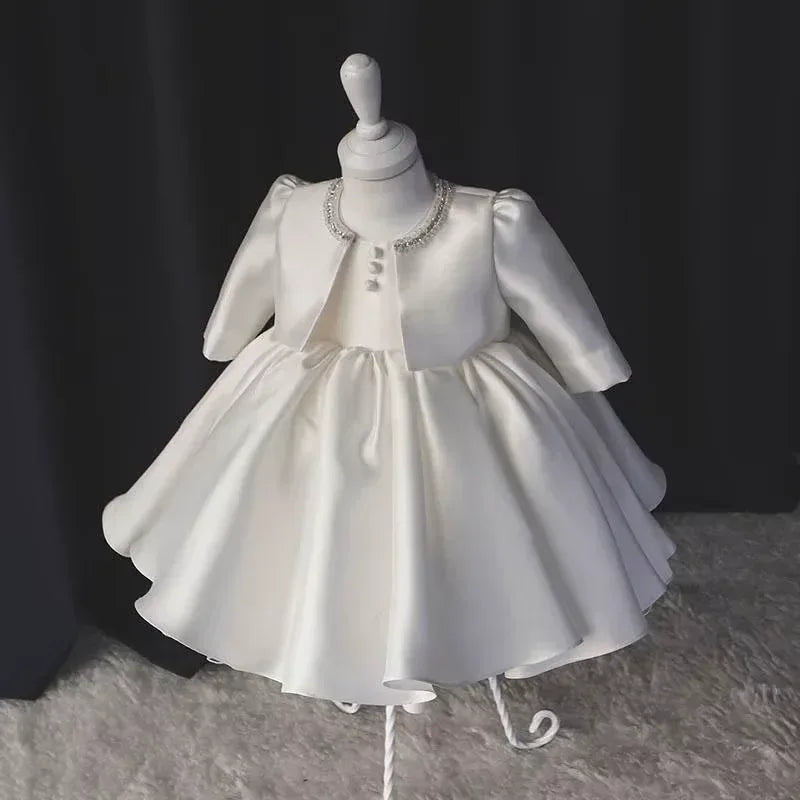 2Pcs Princess White Gown Vestidos Kids Bow Dress with Coat - Tiny Glam